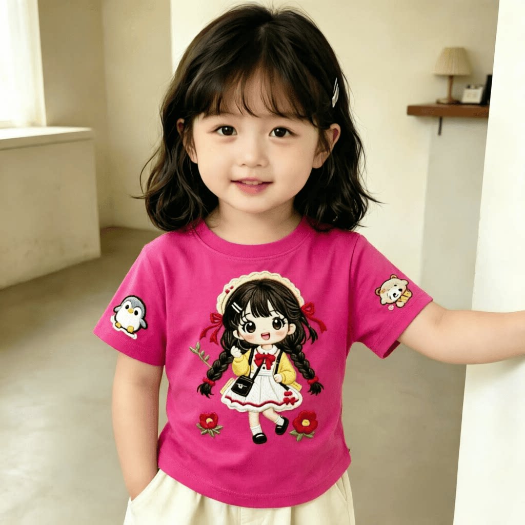 纯棉女童短袖多巴胺风格儿童T恤卡通花辫少女夏季甜美中小童上衣t