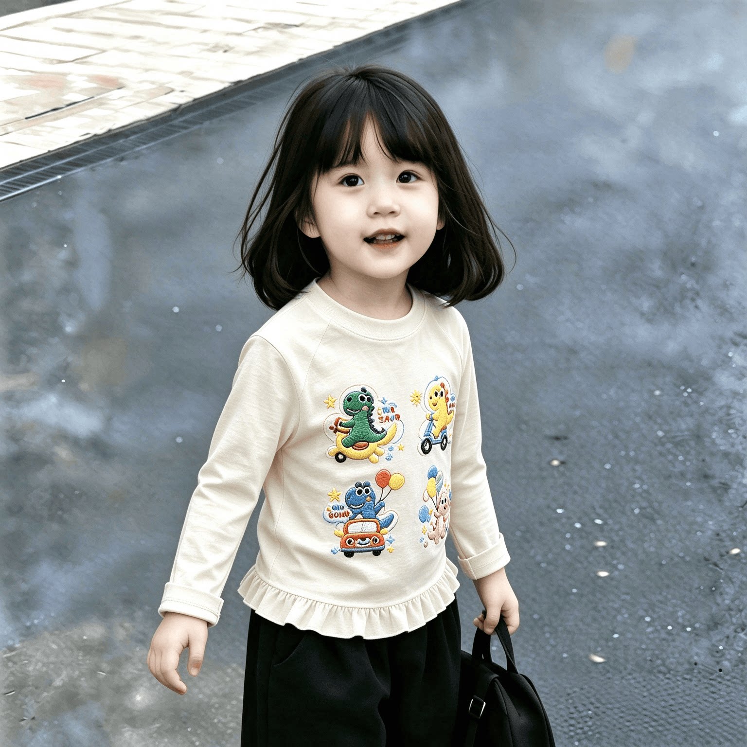 女童时尚春秋装2026秋季新款T恤打底衫上衣长袖荷叶花边下摆卡通t