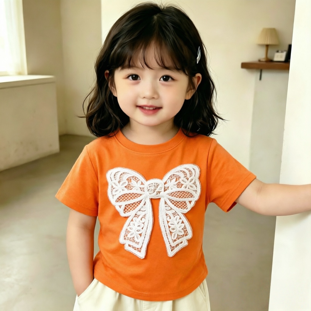 白蝴蝶结图案设计新款女童短袖100%纯棉T恤夏季儿童百搭甜美上衣t