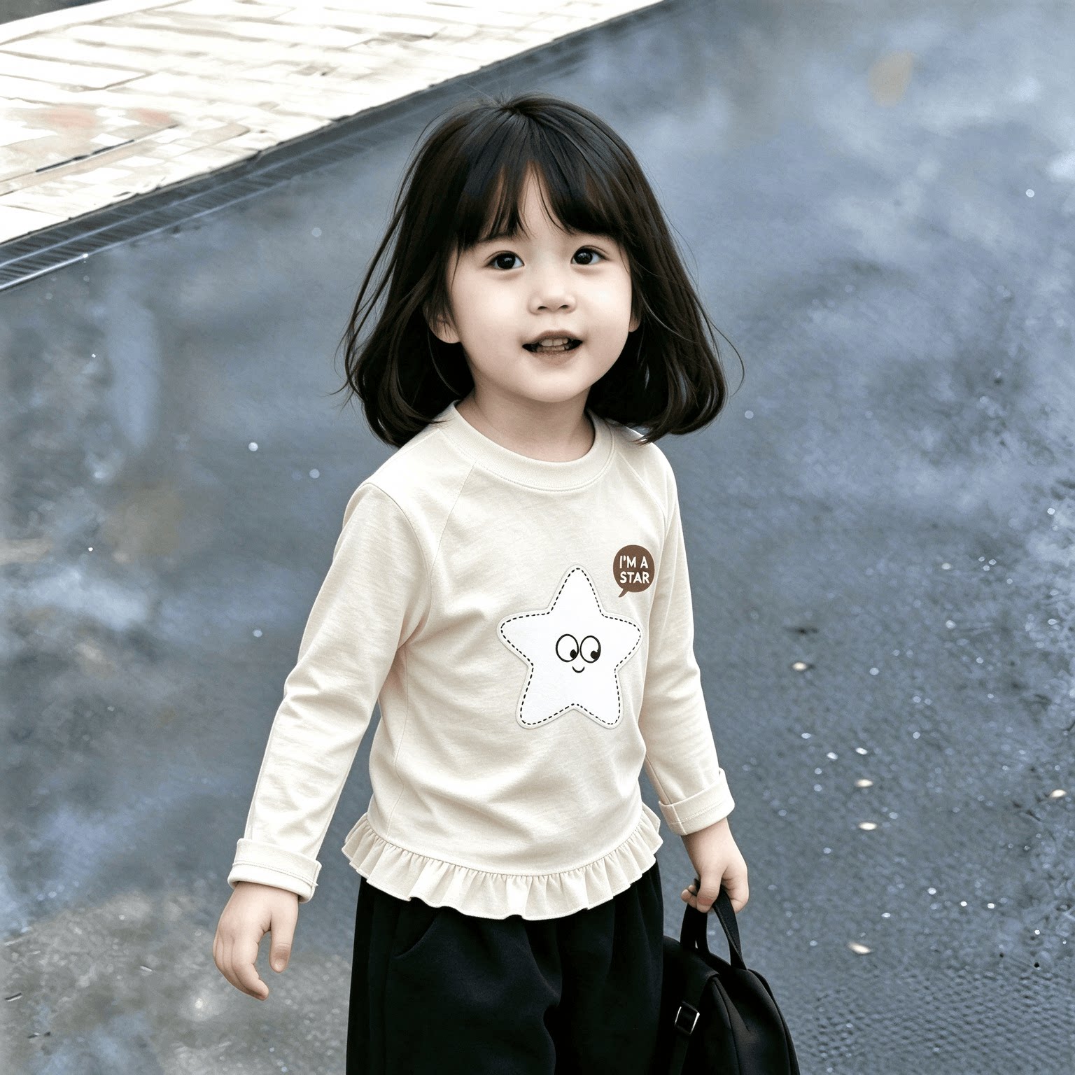 小众春秋装女童2026春季新款T恤打底衫上衣长袖荷叶花边下摆百搭t