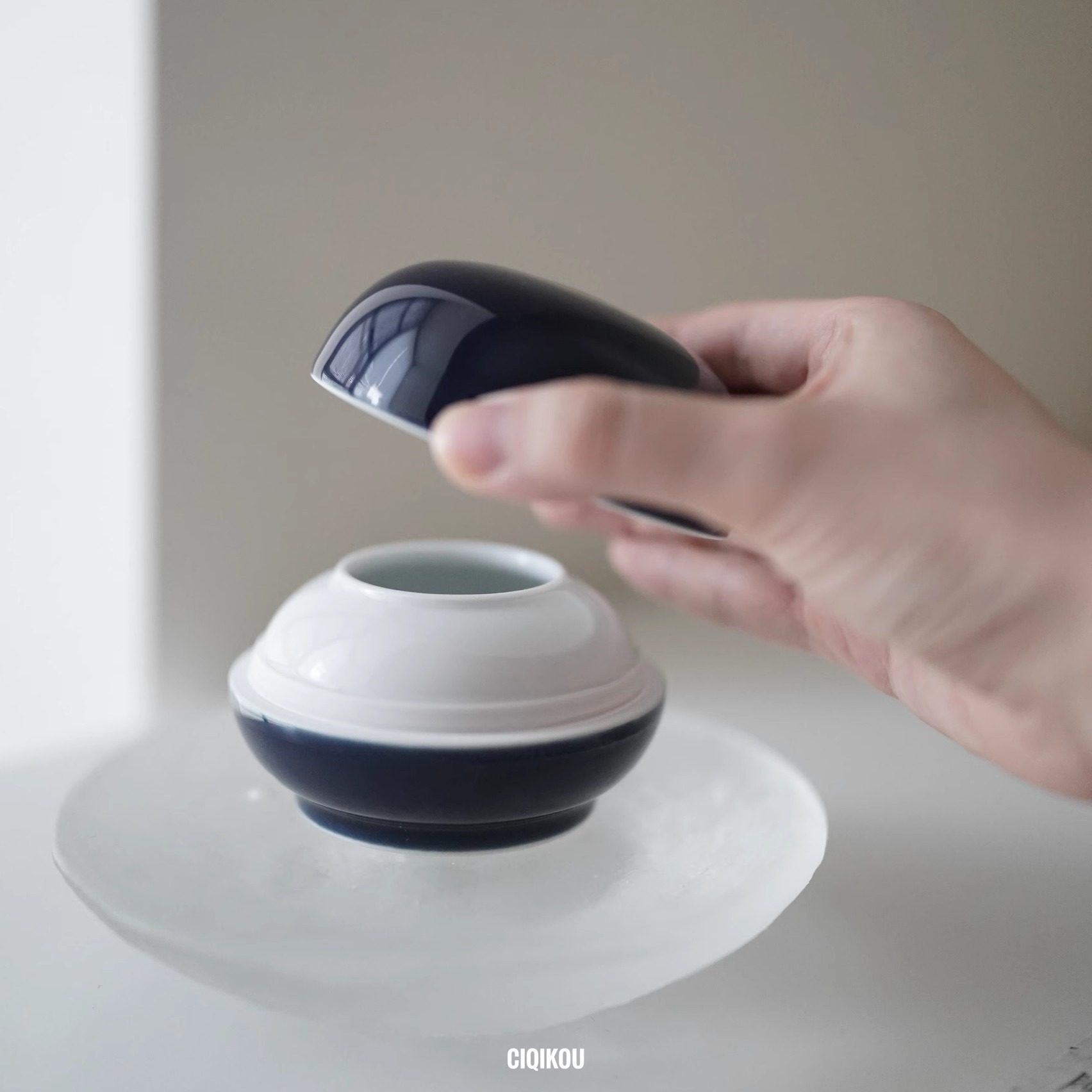 瓷器口-全手工小墨盒 隔夜墨不干 霁蓝 祭红 墨池 文房四宝 书