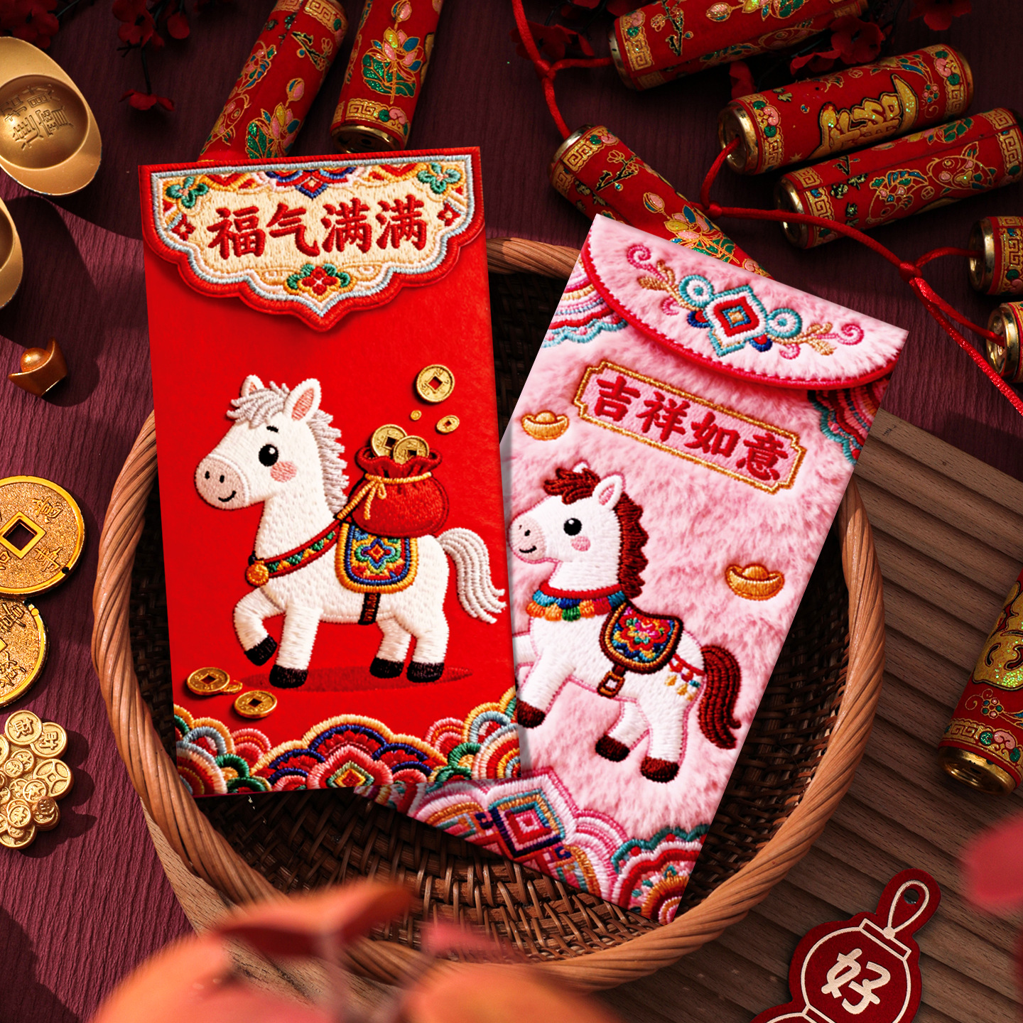 2026创意新款仿真刺绣卡通马红包马年新款5D印刷可爱过年压岁包