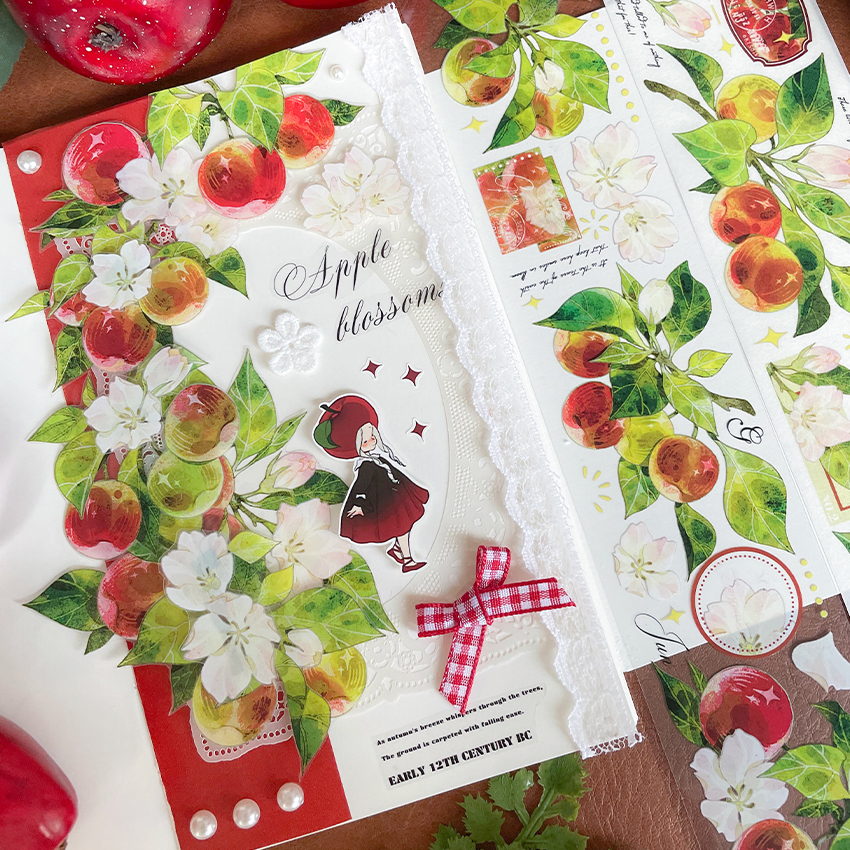 新款现货 苹果枝 轻复古花野原百仓家手帐和纸胶带PET贴纸卷咕卡