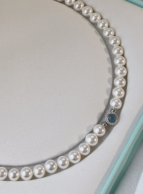 925银天然海蓝宝石澳白珍珠项链