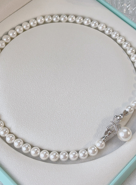 925纯银蝴蝶结澳白珍珠项链女