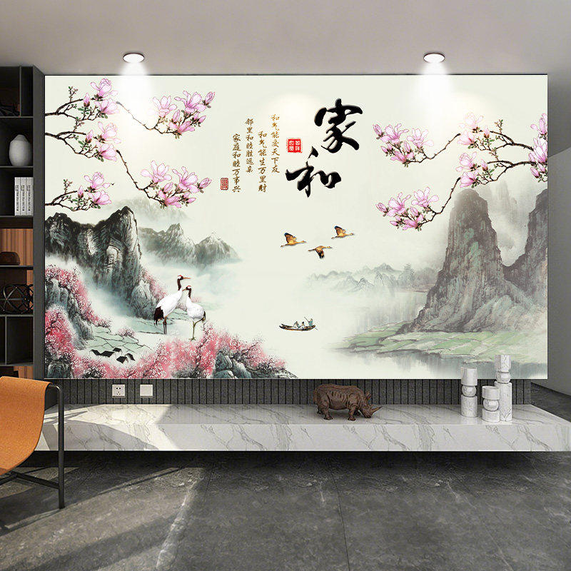 山水画壁纸自粘风景画墙