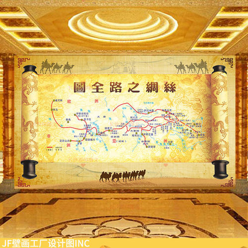 高清丝绸之路全图复古壁纸墙布画