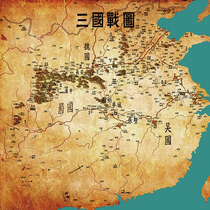 三国古地图墙纸魏蜀吴疆域三国战图壁纸历史文化书房复古装饰壁画