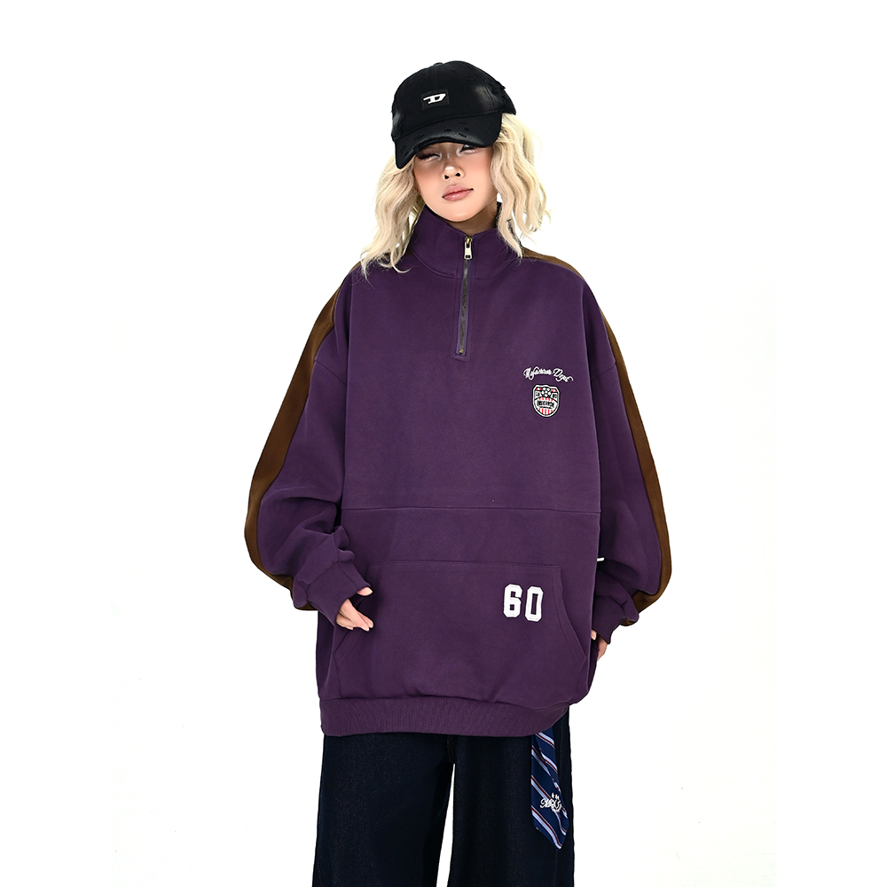 怕麻烦紫色数字半开领卫衣女2025秋季新款宽松bf美式学院风上衣潮