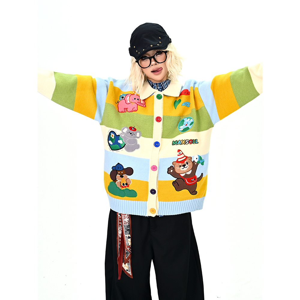 怕麻烦白领黄条软糯卡通毛衣开衫女2025秋季新款宽松bf针织外套潮