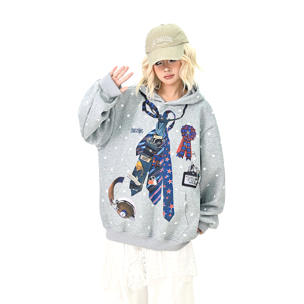 怕麻烦灰色领带印花星星连帽卫衣女2025秋季新款宽松bf学院风上衣