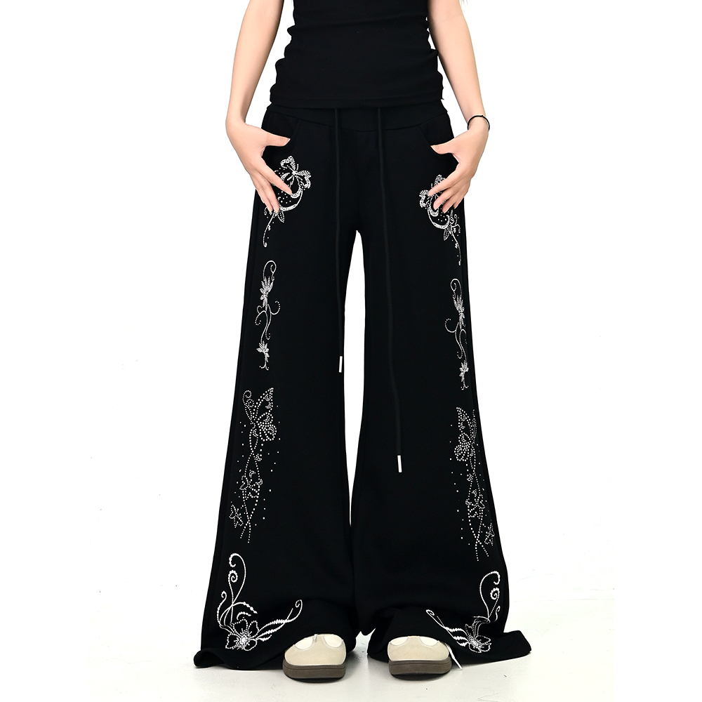 怕麻烦黑色花纹印花微喇休闲裤女2025秋冬新款宽松bf运动阔腿卫裤