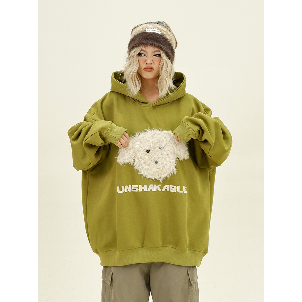 怕麻烦休闲百搭毛绒小狗连帽卫衣