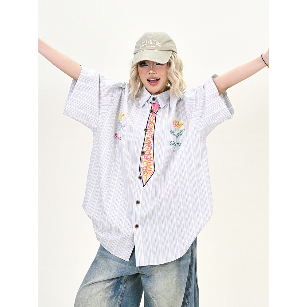 怕麻烦休闲百搭条纹短袖衬衫