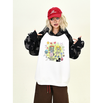 怕麻烦黑拼白星星卡通连帽卫衣女2025秋季新款宽松bf美式潮牌上衣