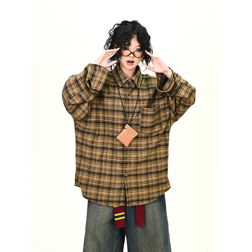 怕麻烦棕色格纹长袖衬衫女2025秋季新款宽松bf美式学院风潮牌上衣