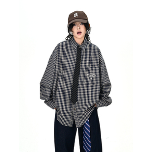 宽松bf美式 怕麻烦黑色领带格纹长袖 新款 女2025秋季 学院风上衣 衬衫