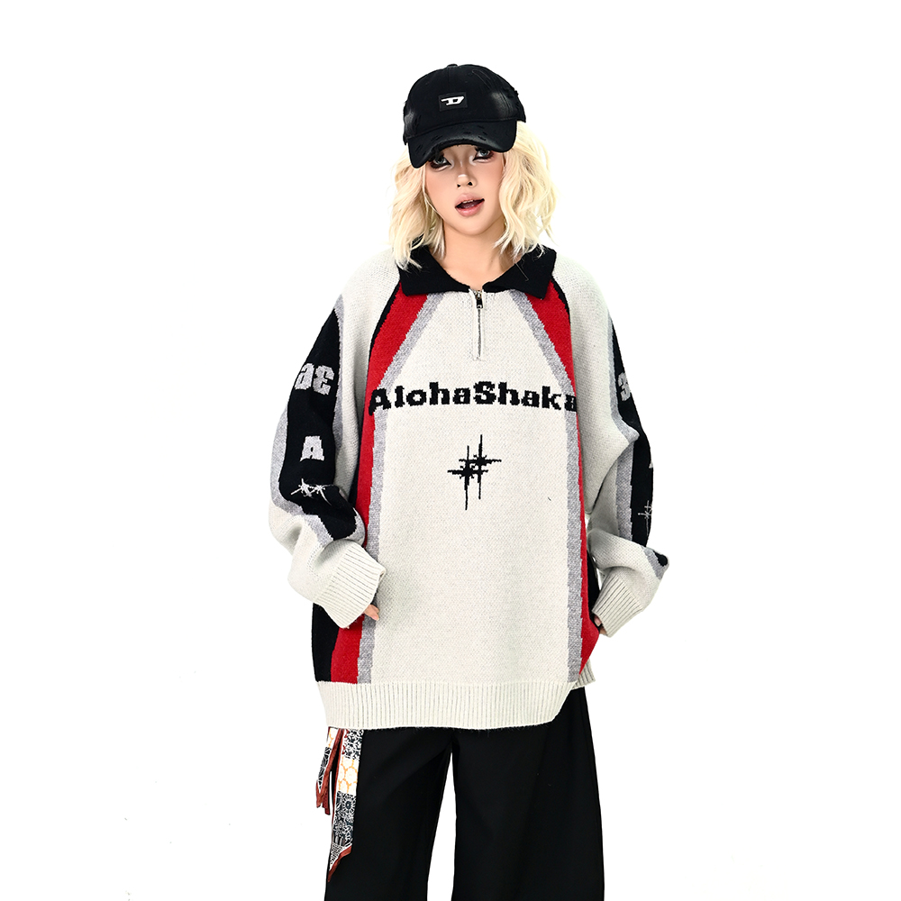 怕麻烦撞色拼接半开领毛衣女2025冬季新款宽松bf美式学院风针织衫