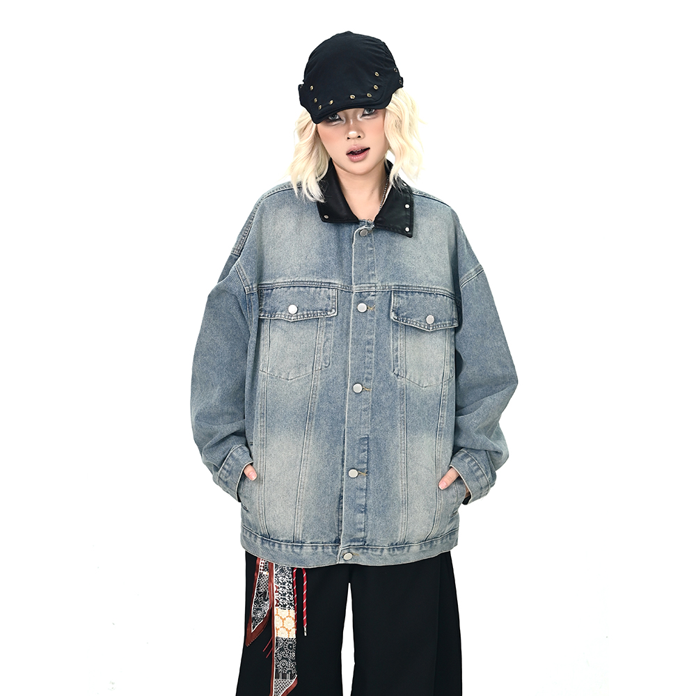 怕麻烦水洗撞色翻领牛仔外套女2025秋季新款宽松bf美式学院风夹克