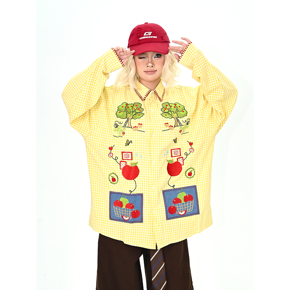 怕麻烦黄色卡通长袖衬衫女2025秋季新款宽松bf日系趣味复古上衣潮