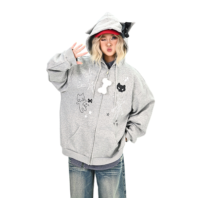 怕麻烦灰色骷髅猫咪印花卫衣开衫