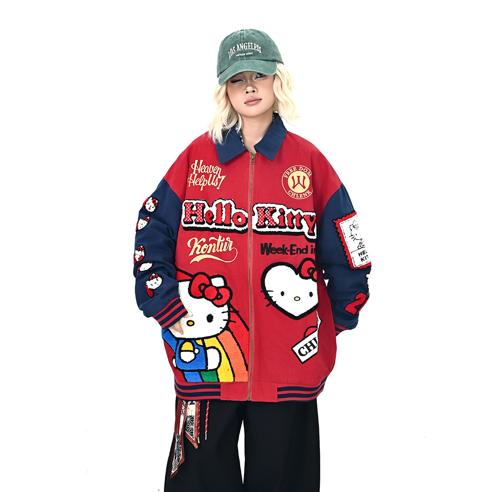 怕麻烦红蓝猫咪翻领夹克女2025秋季新款宽松bf韩系学院风情侣外套