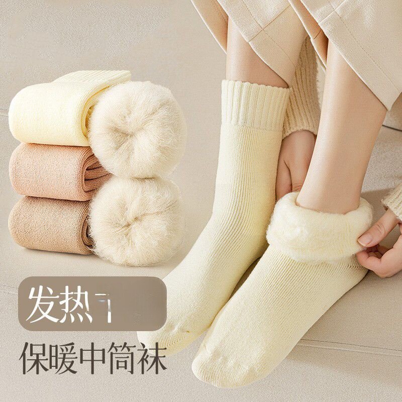 袜子女秋冬中筒袜加绒加厚毛绒长筒月子袜地板发热保暖毛圈长袜