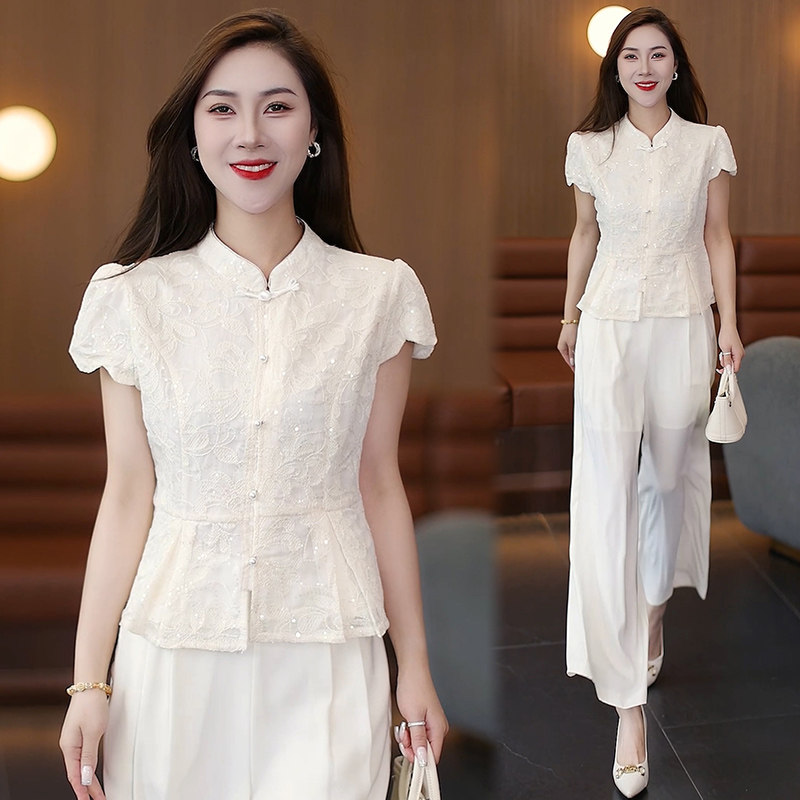 新中式国风禅意女装夏季高级感气质盘扣刺绣上衣阔腿裤子两件套装