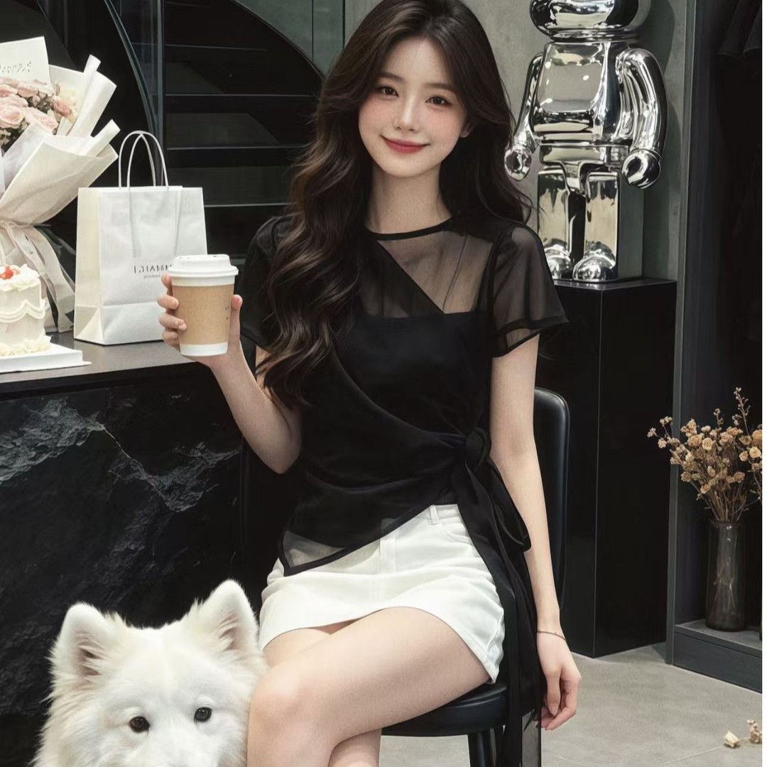 法式黑色网纱绑带收腰显瘦T恤女