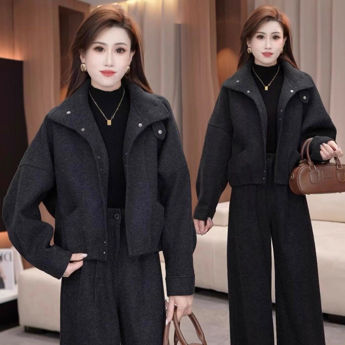 时尚套装女2025冬新款翻领毛呢夹棉外套加绒阔腿裤显瘦气质两件套,女装/女士精品,时尚套装,淘宝优惠券,粉丝福利购,淘宝优惠卷