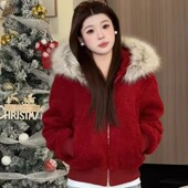 加绒加厚羊羔毛短款 外套女冬季 宽松韩系大毛领连帽高级感保暖棉袄