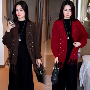 宽松高级感流苏镶砖蝙蝠袖 新款 上衣潮 针织披肩外套女2025秋季 时尚