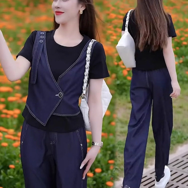 时尚洋气套装女夏季新款假两件拼接牛仔短袖T恤休闲阔腿裤两件套