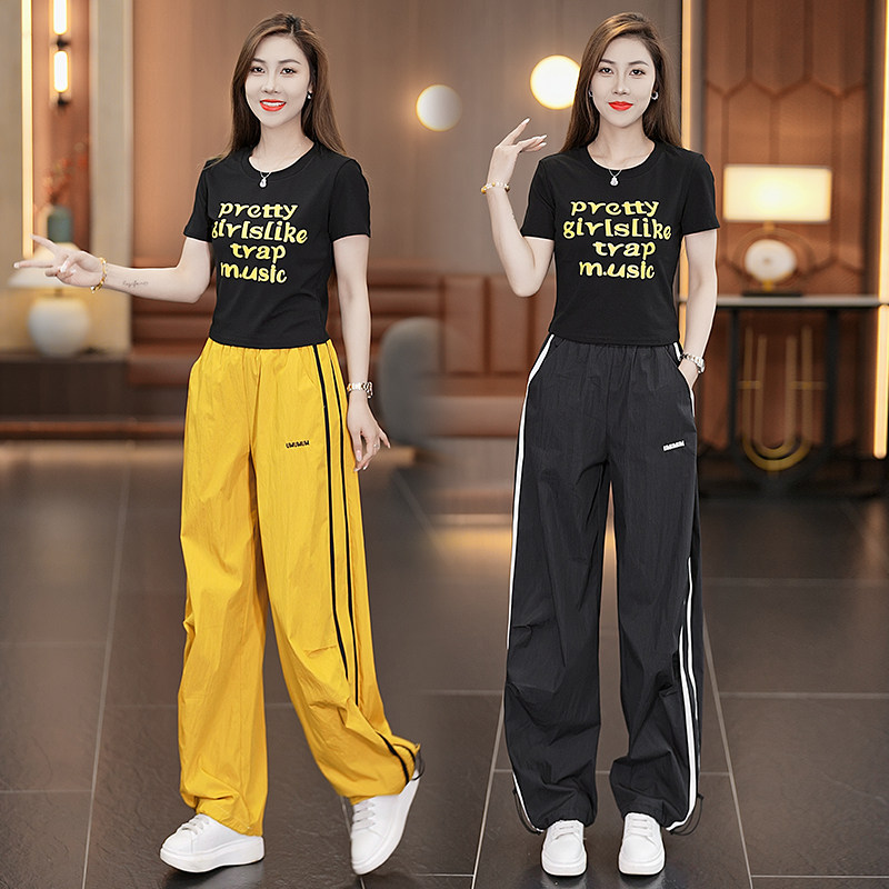 时尚休闲运动套装女夏季新款洋气减龄显瘦短袖上衣阔腿裤两件套潮