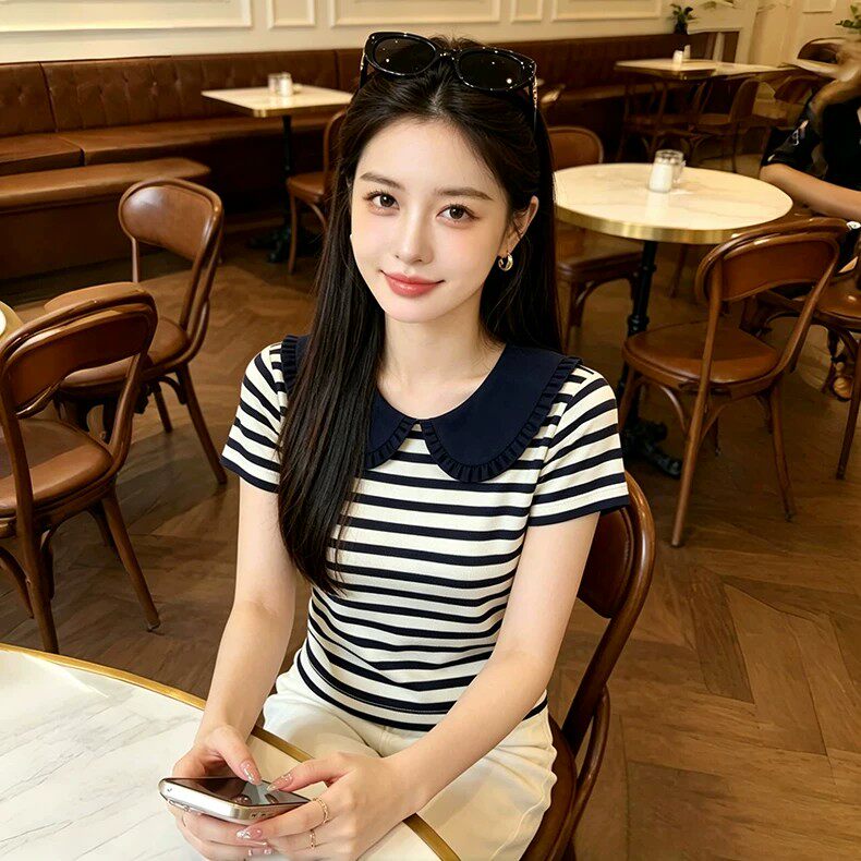 夏季休闲风条纹娃娃领显瘦T恤女