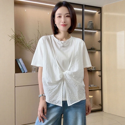 2026夏新款假两件扭结T恤女