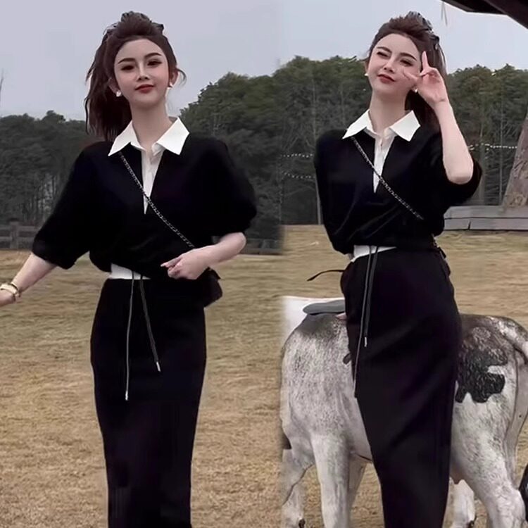 时尚休闲连衣裙套装女2025春夏新款洋气拼色卫衣学院风两件套裙子