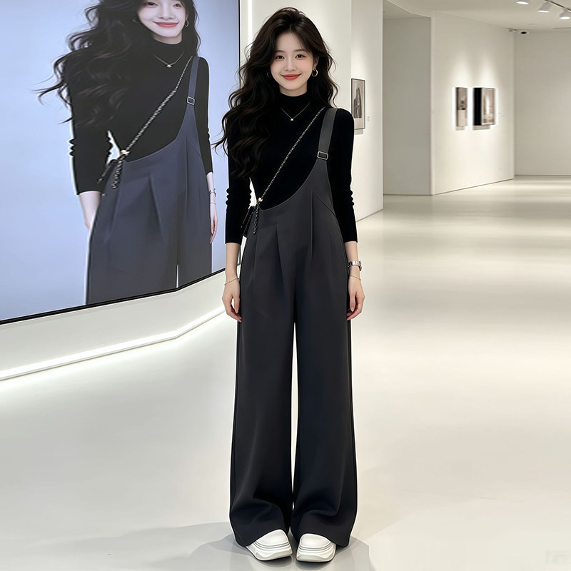秋季女高腰阔腿背带裤两件套