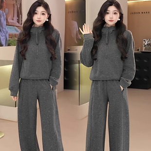 洋气连帽卫衣阔腿裤 韩版 两件套潮 女秋冬新款 加绒加厚休闲运动套装