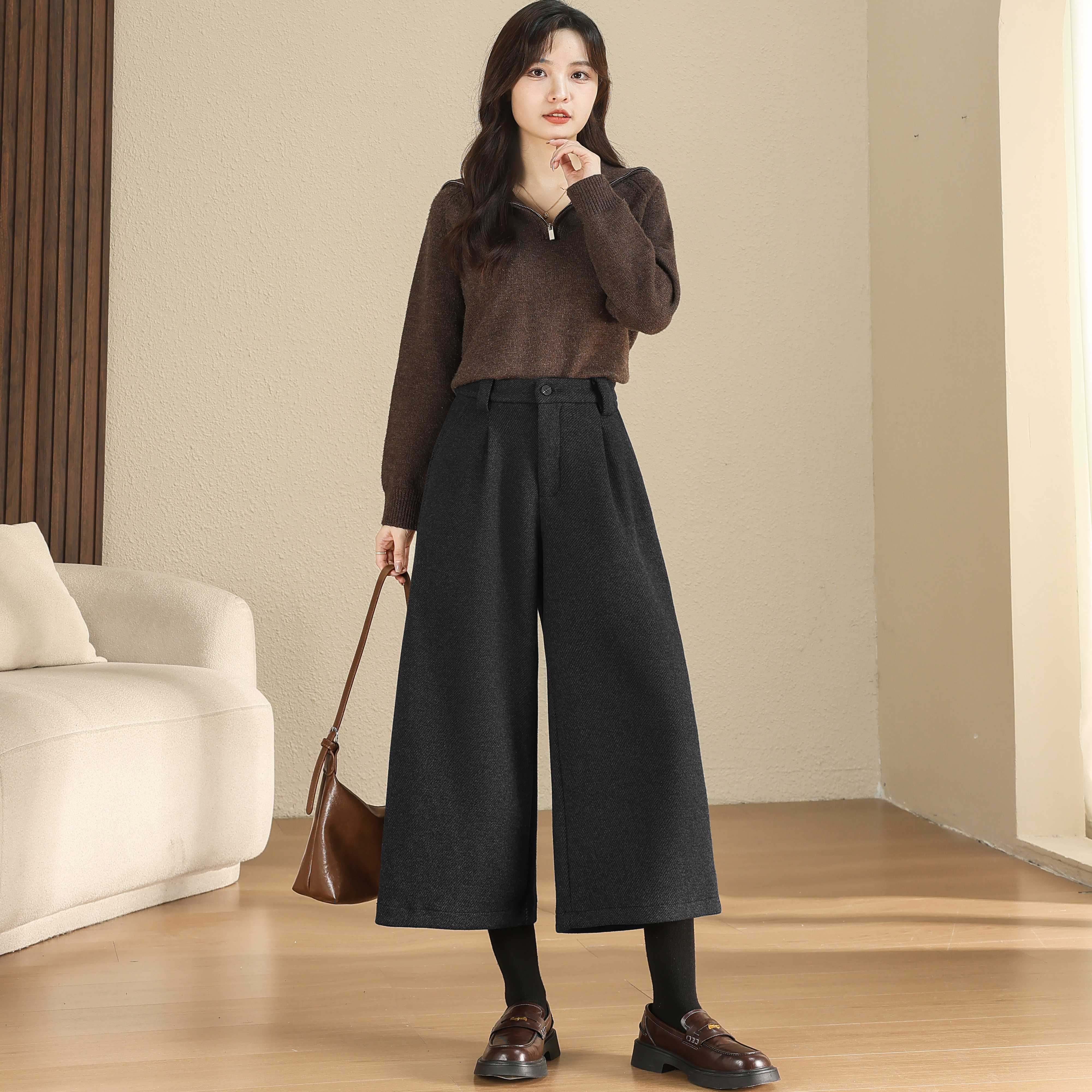 休闲毛呢阔腿裤女2025秋冬款洋气减龄显瘦宽松百搭高腰直筒九分裤