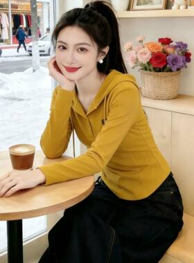 春秋新款女士时尚休闲减龄洋气衣服显高显瘦纯色长袖连帽卫衣T恤