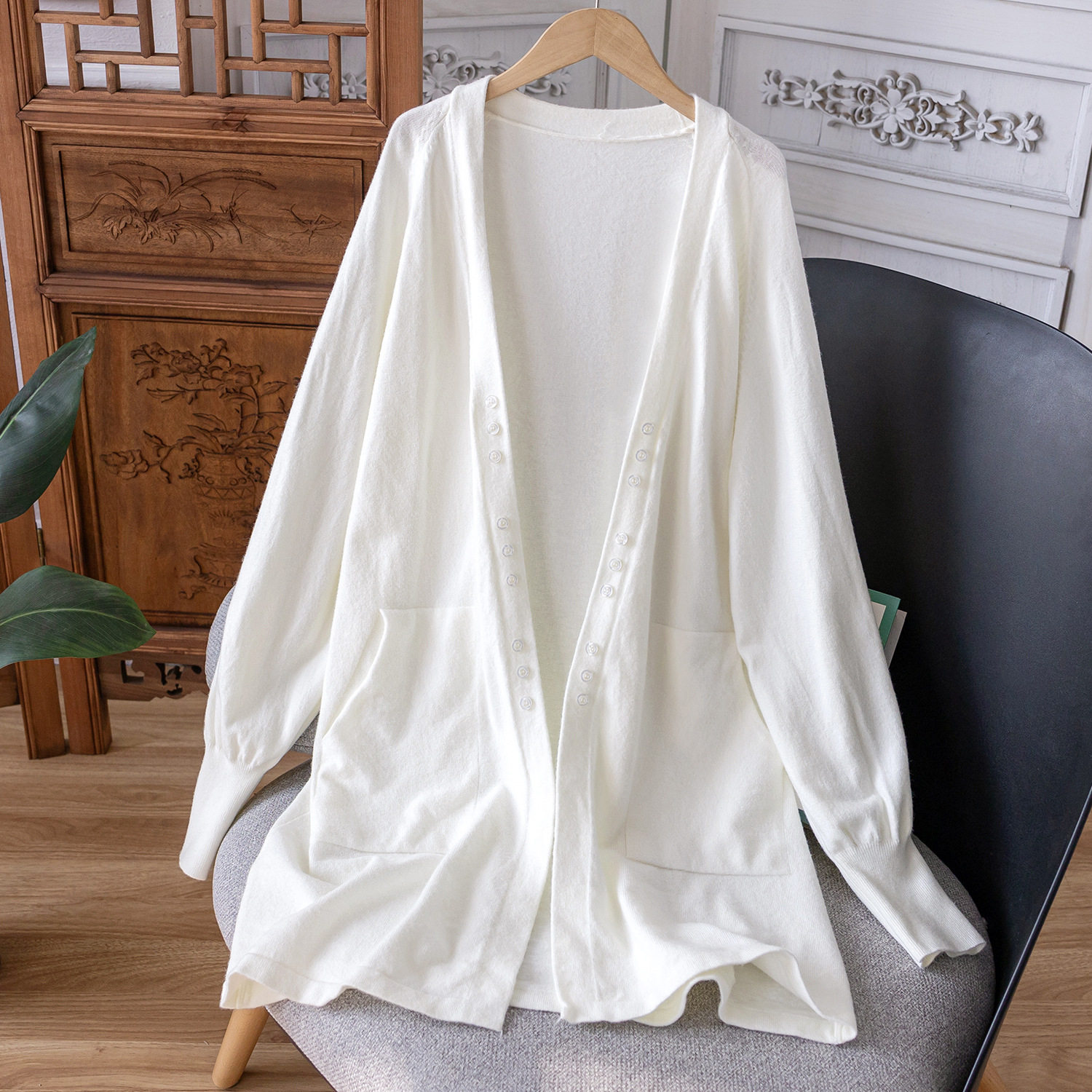 宽松纯色外搭中长款口袋针织开衫女秋冬毛衣披肩长袖软糯外套上衣