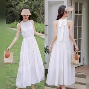 扎染白胚挂脖连衣裙棉质气质宽松系带调节小众素色吊带裙