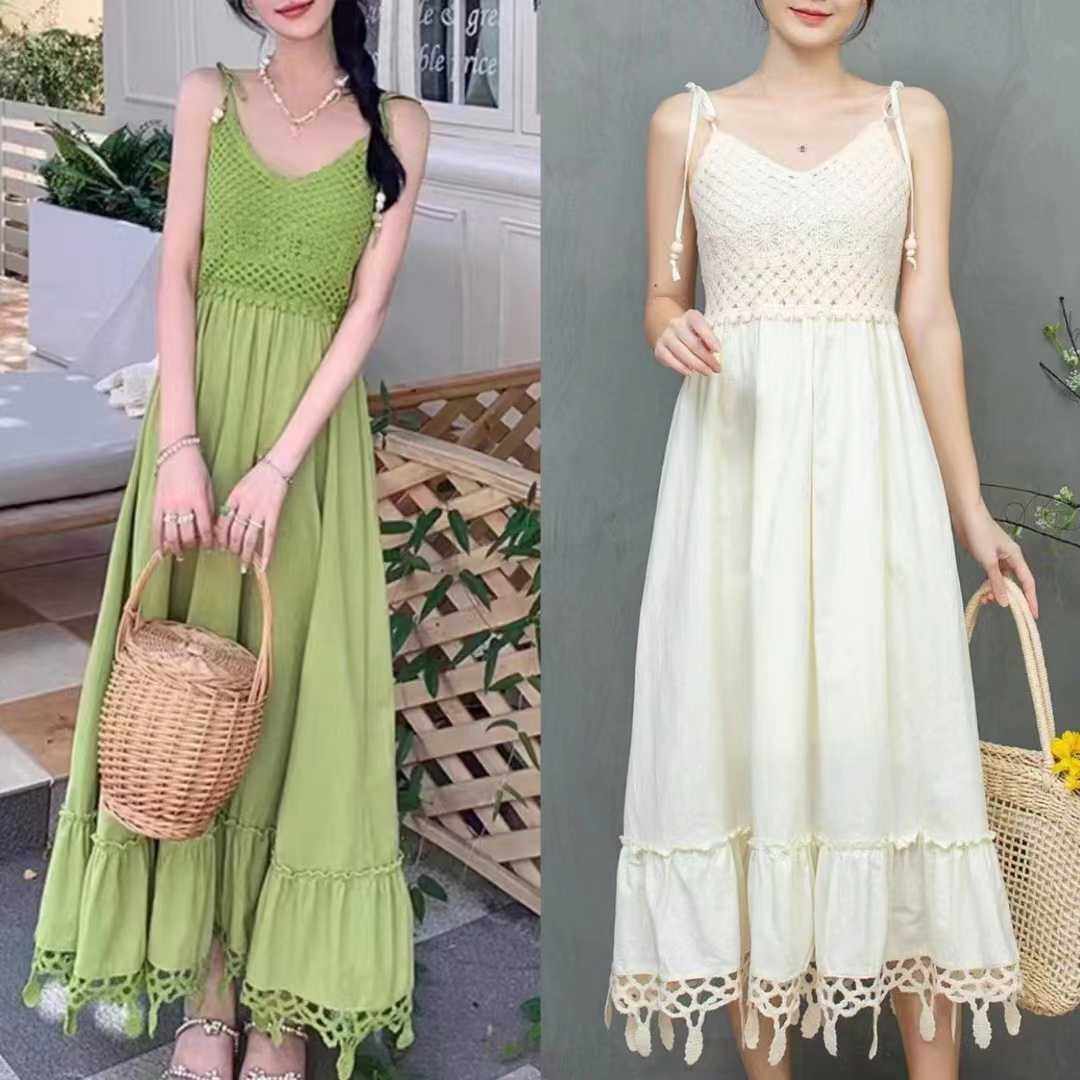 云南服装厂家现货旅游度假连衣裙丝光棉绿色吊带裙三色可选