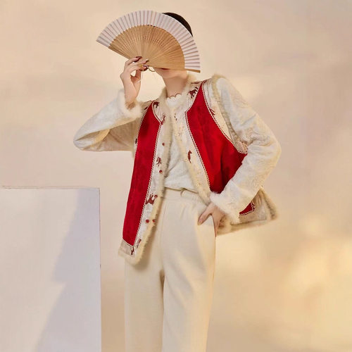 双面双穿新中式国风香云纱提花拼接毛毛复古坎肩高端轻奢马甲上衣