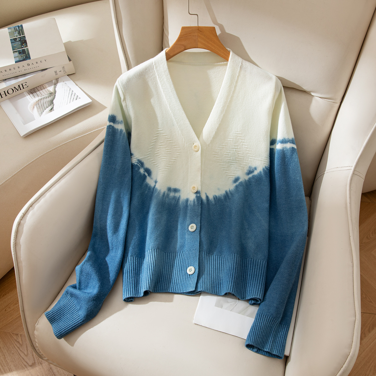 云南手工扎染秋冬季毛衣开衫外套长袖毛线外搭针织衫V领上衣女装