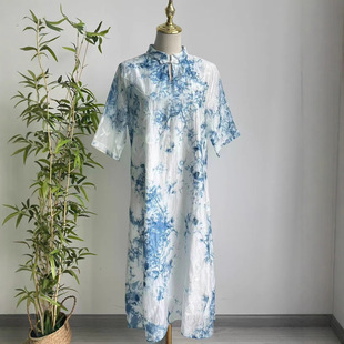 云南贵州手工蓝染连衣裙扎染旗袍裙新中式立领中袖复古双层裙子