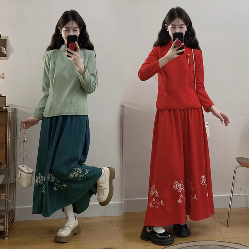 女式唐装民国风复古刺绣日常茶艺旗袍上衣长袖裙装两件套秋冬