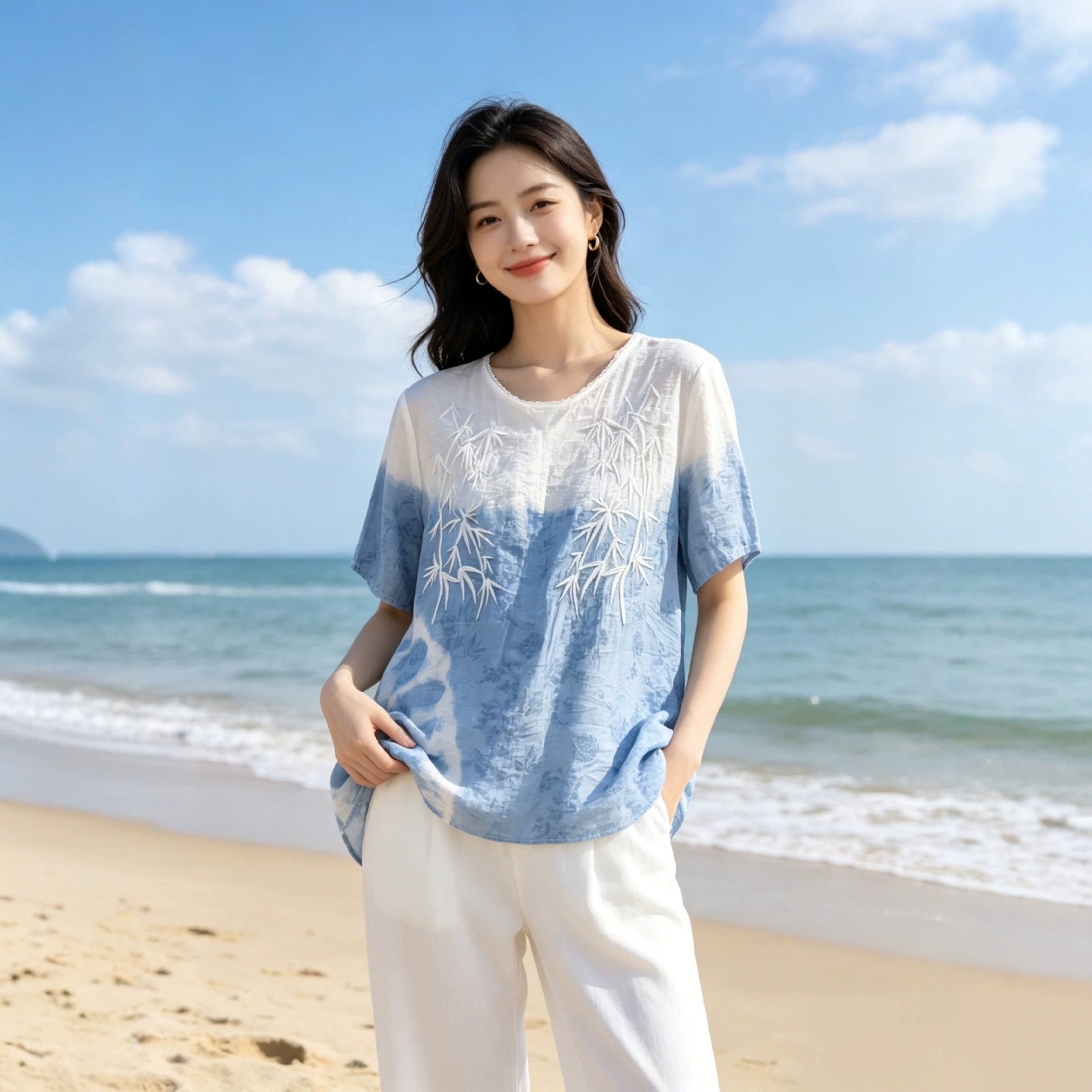 云南大理批发手工纯植物板蓝根蓝染扎染宽松版绣花盘扣女士小上衣