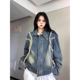 痞帅机车夹克 做旧工装 春秋美式 高街复古拼接感宽松牛仔外套男女款